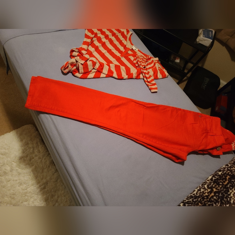 Old navy, large red and tan shirt and red pants size 20 straight leg.  Pre-owned